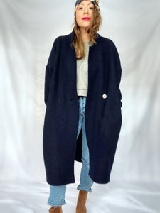 Manteau Boyfriend Izia laine foulée bleu marine modèle court