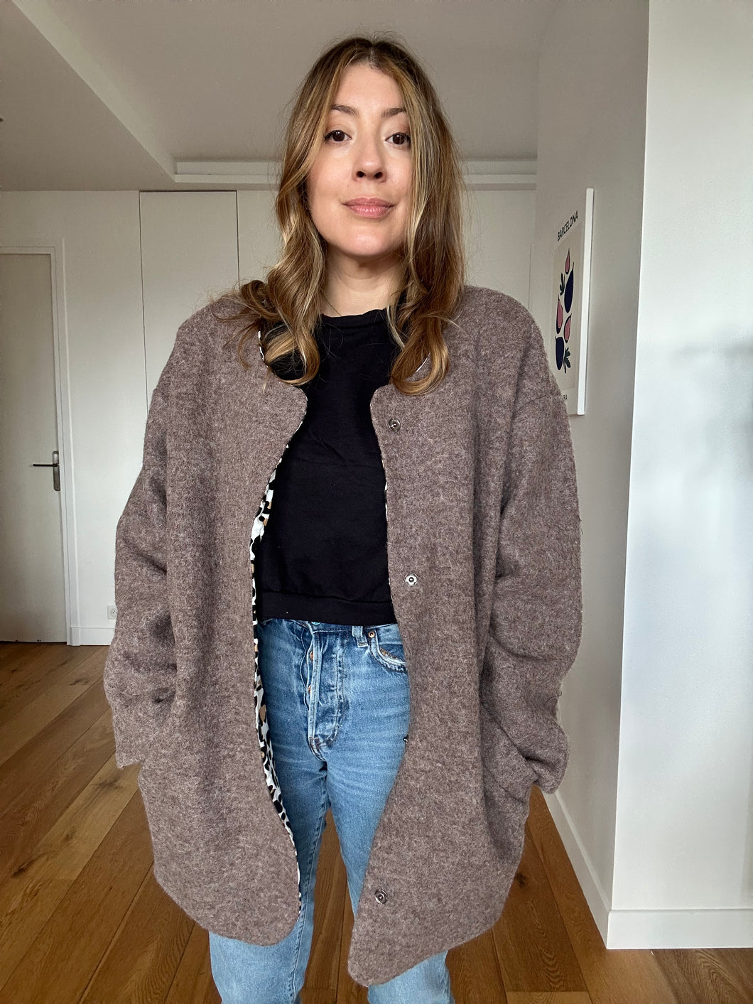 Veste Willow laine bouillie taupe doublure viscose leopard