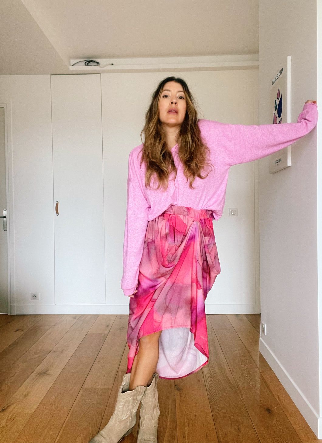 Jupe Bellamy viscose marbre rouge et rose